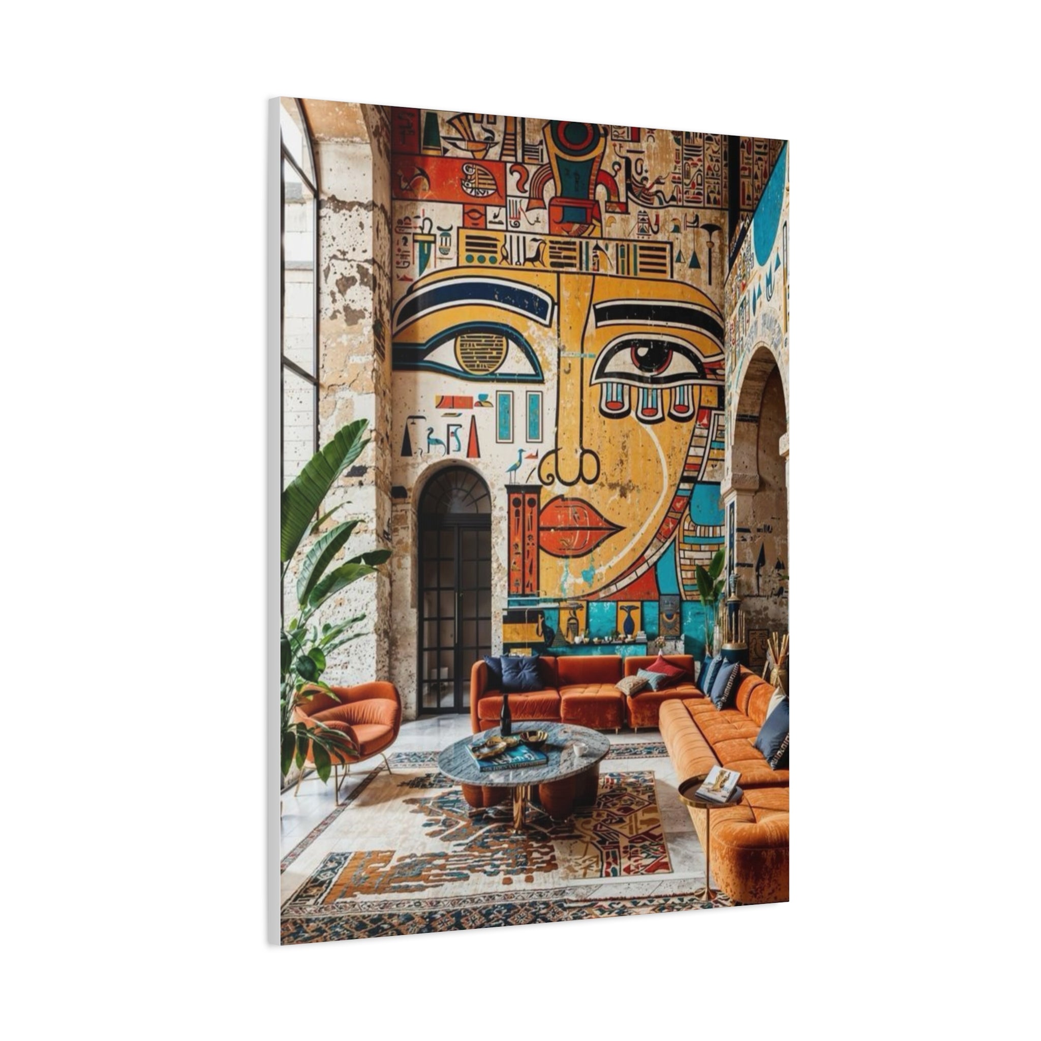 Egyptian Mural Face Matte Canvas Wall Art – Bohemian Living Room Decor