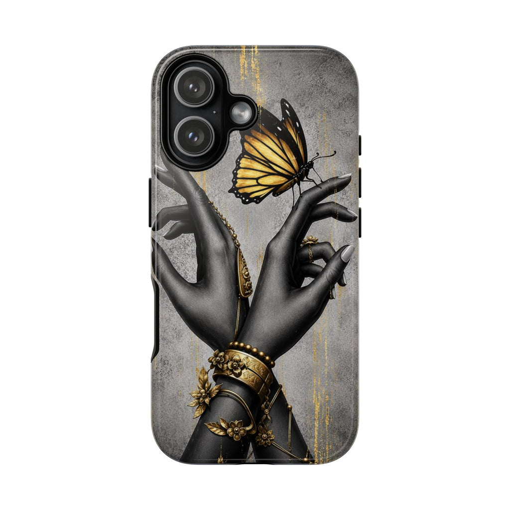 Artistic Black Hands & Golden Butterfly Phone Case – Protective Tough Case