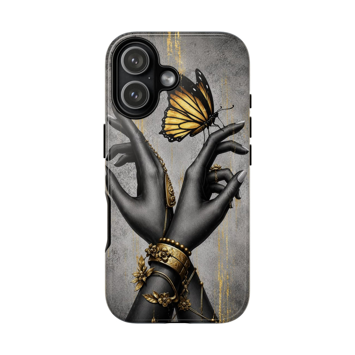 Artistic Black Hands & Golden Butterfly Phone Case – Protective Tough Case