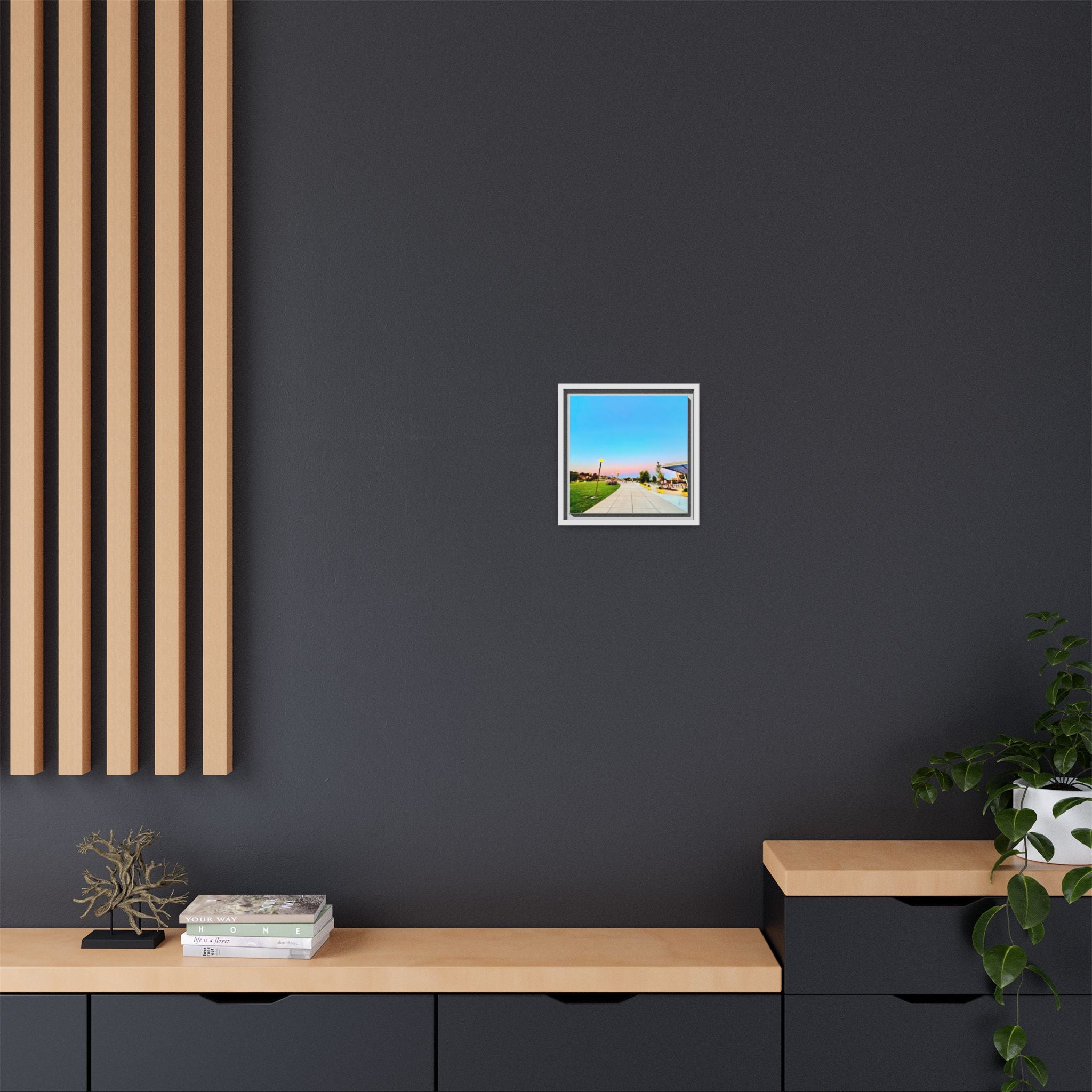 Sunset Promenade Matte Framed Canvas — Pastel Sky Walkway Wall Art