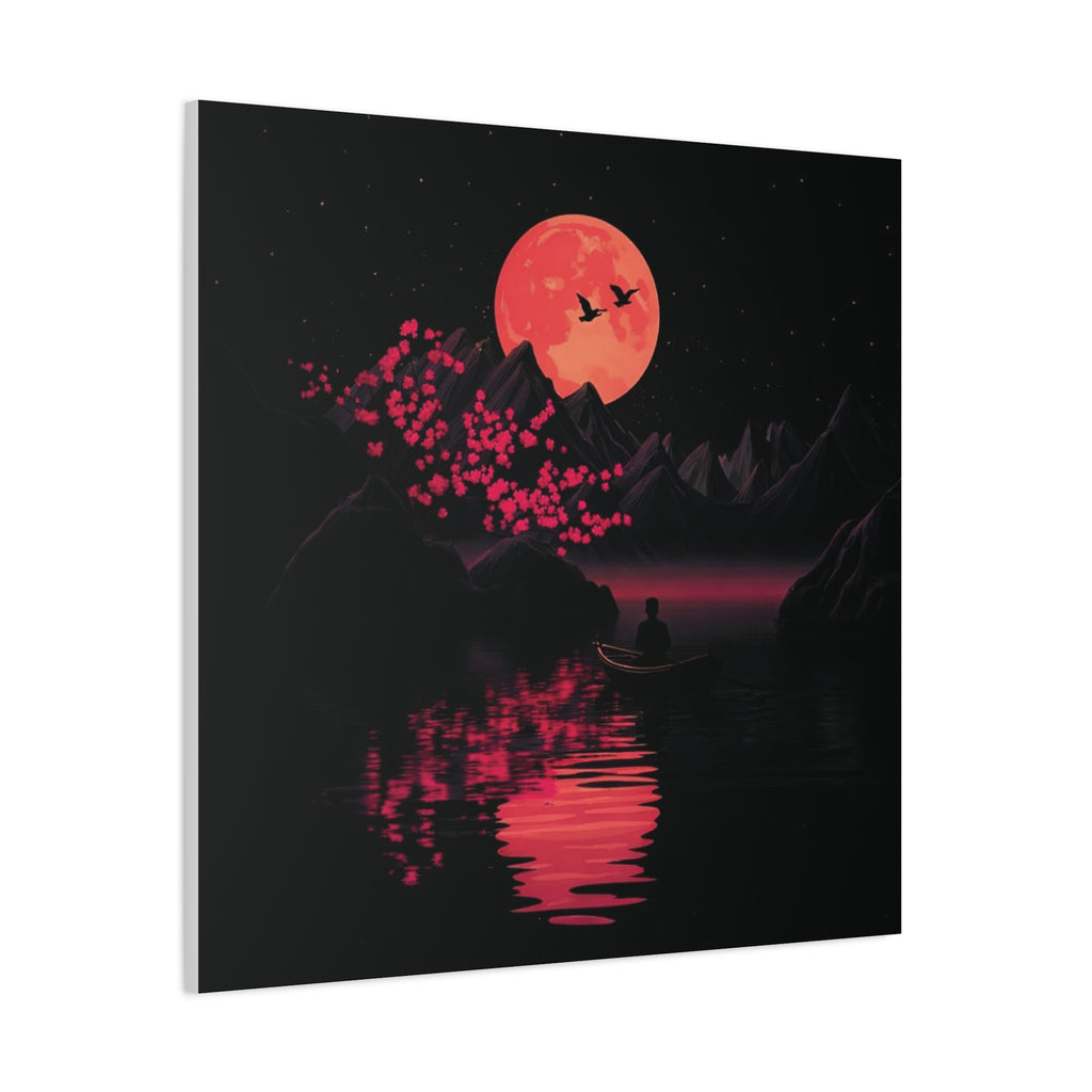 Moonlit Sakura Canvas Wall Art — Red Moon Reflection Matte Stretched Print