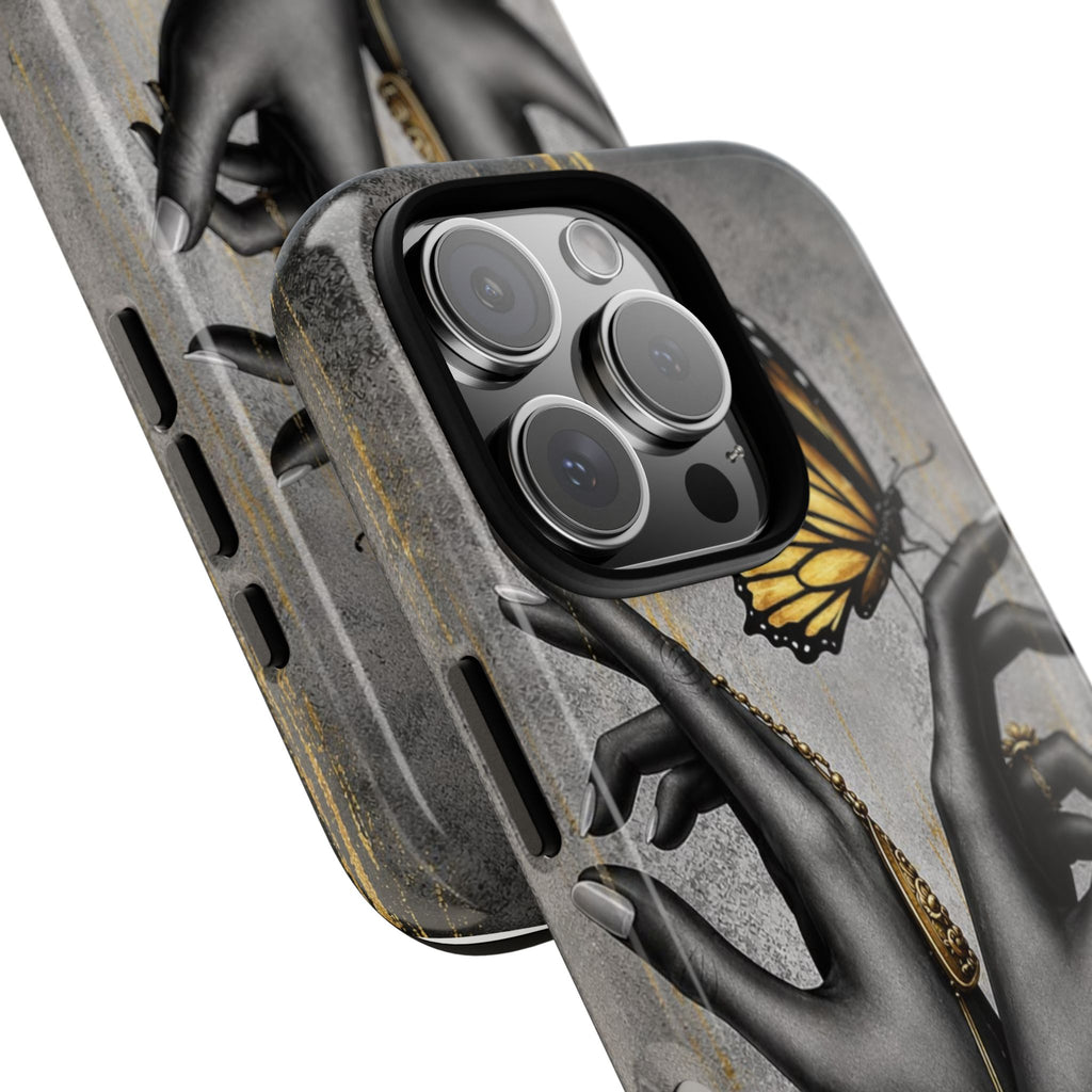 Artistic Black Hands & Golden Butterfly Phone Case – Protective Tough Case
