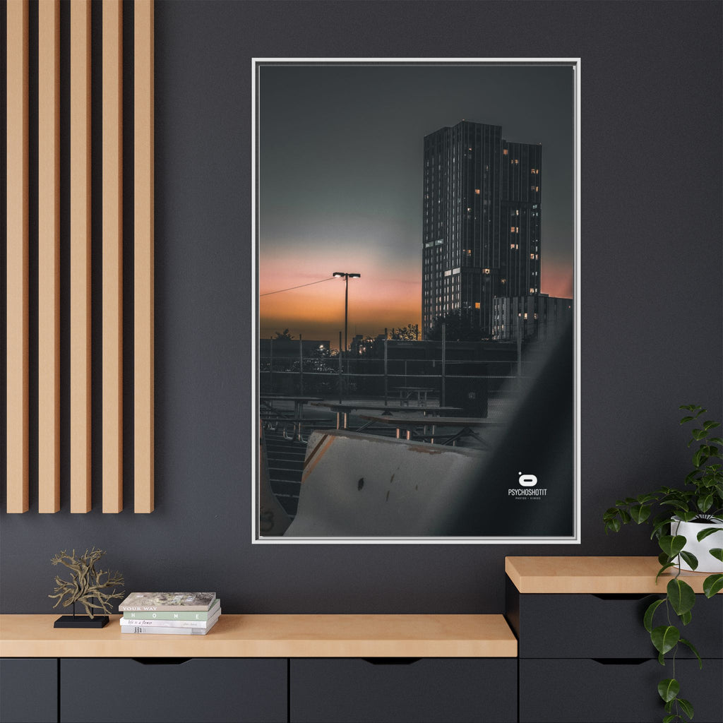 Framed Matte Canvas Print — Urban Sunset High-Rise Photography