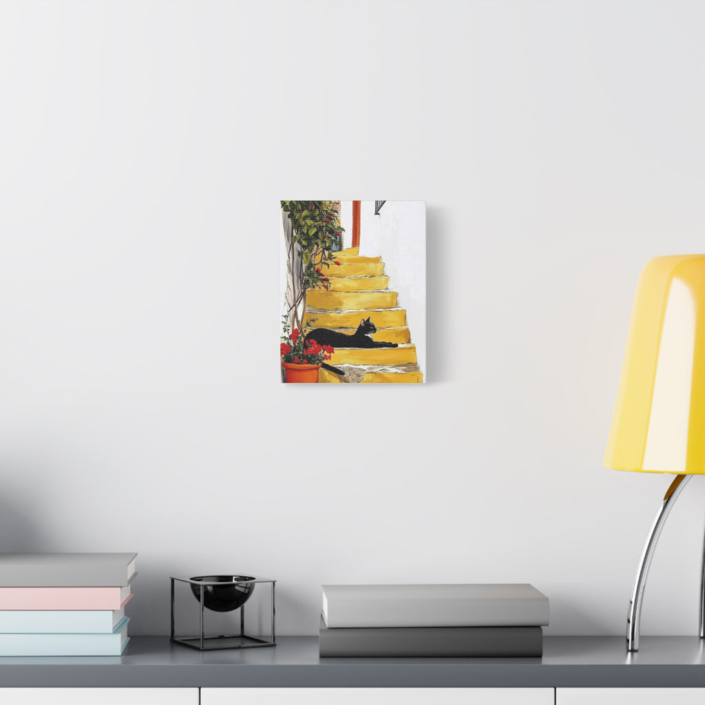 Black Cat on Yellow Steps Canvas Art Print, Whimsical Home Decor, Gift for Cat Lovers, Wall Art, Cozy Vibe, Pet Memorable Art