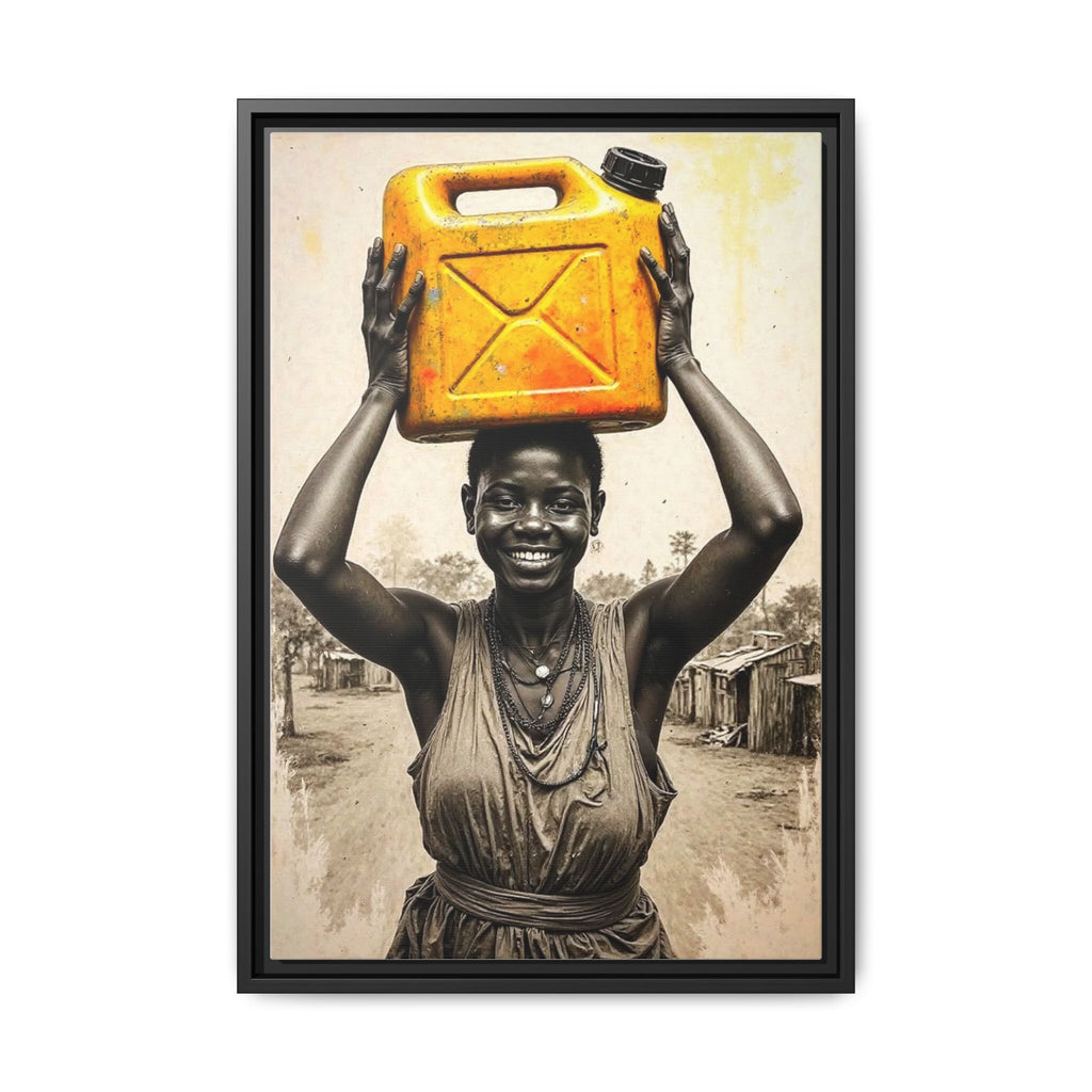 Framed Canvas Art - Joyful Woman Carrying Yellow Water Jerrycan