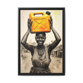 Framed Canvas Art - Joyful Woman Carrying Yellow Water Jerrycan