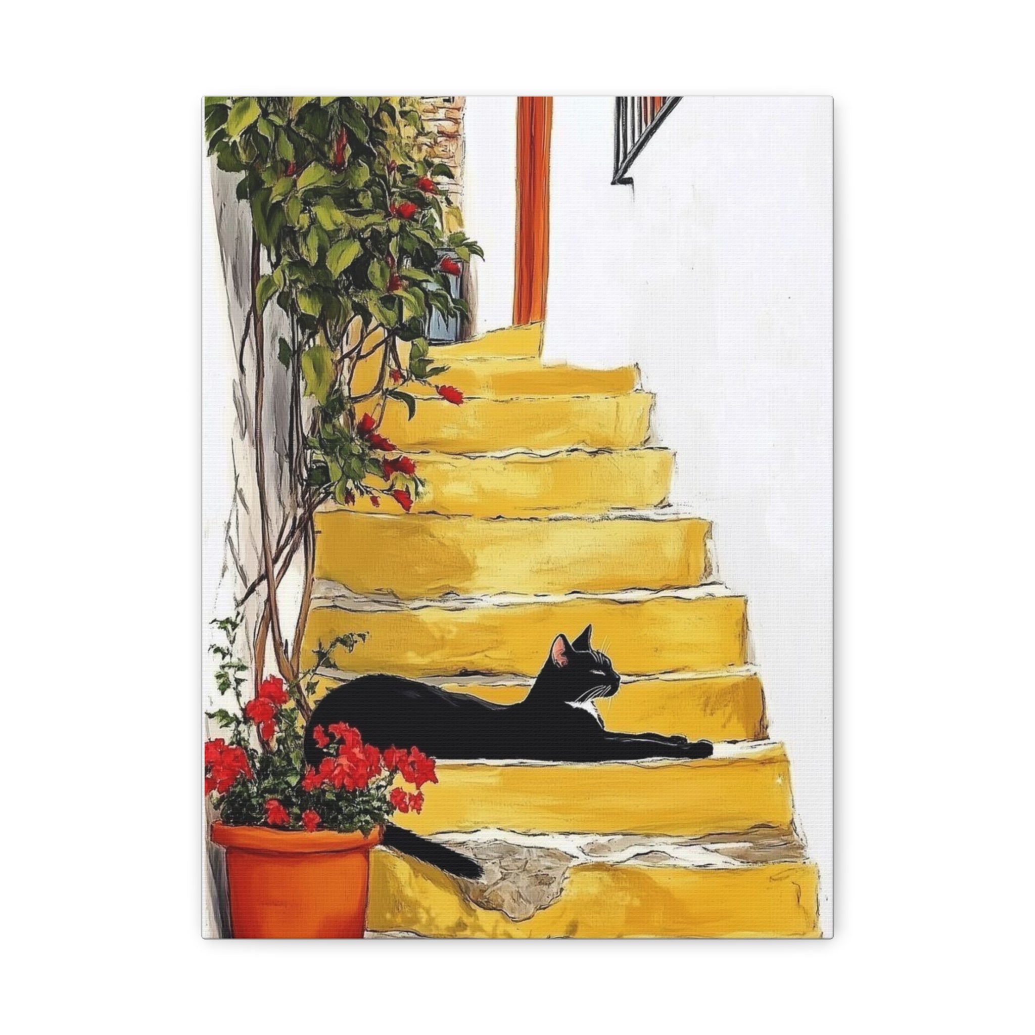 Black Cat on Yellow Steps Canvas Art Print, Whimsical Home Decor, Gift for Cat Lovers, Wall Art, Cozy Vibe, Pet Memorable Art