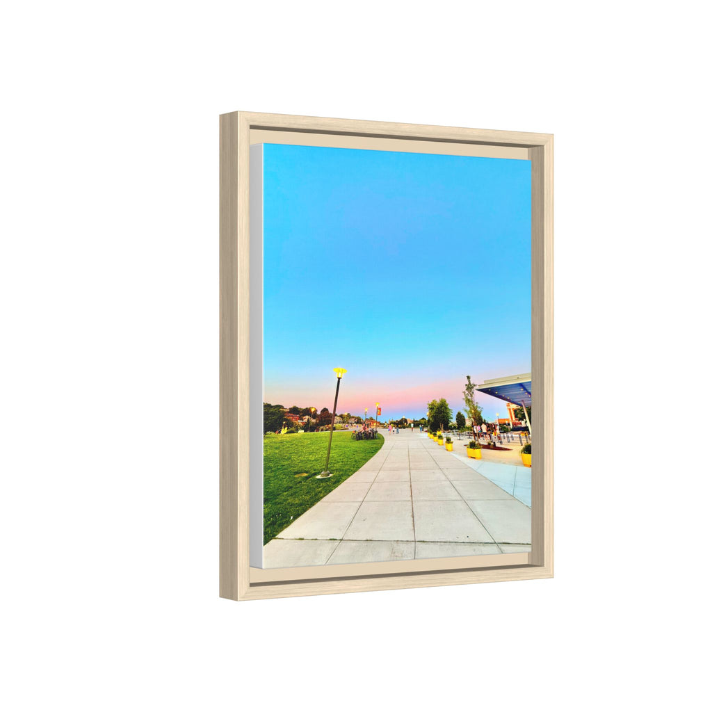 Sunset Promenade Matte Framed Canvas — Pastel Sky Walkway Wall Art