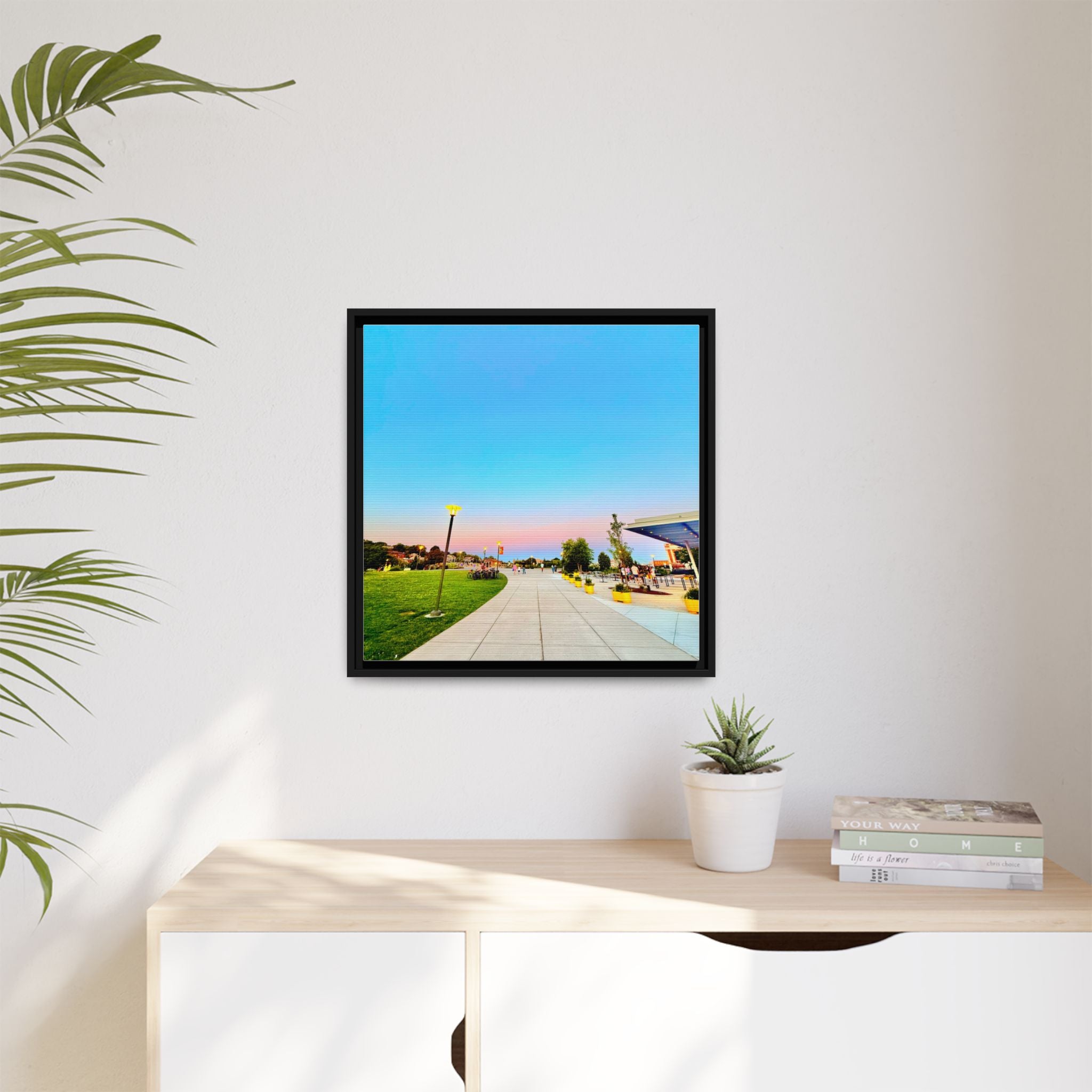 Sunset Promenade Matte Framed Canvas — Pastel Sky Walkway Wall Art