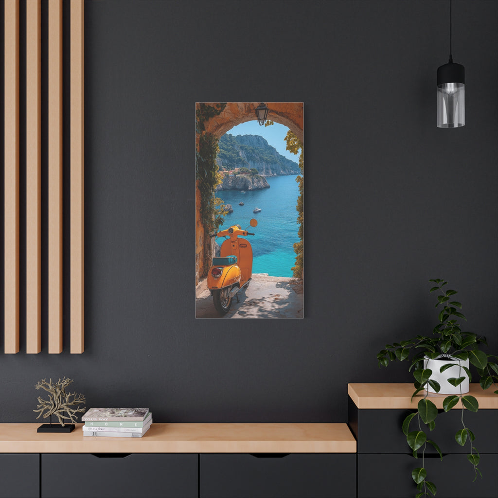 Mediterranean Scooter Canvas Print – Sunny Coastal Archway Wall Art