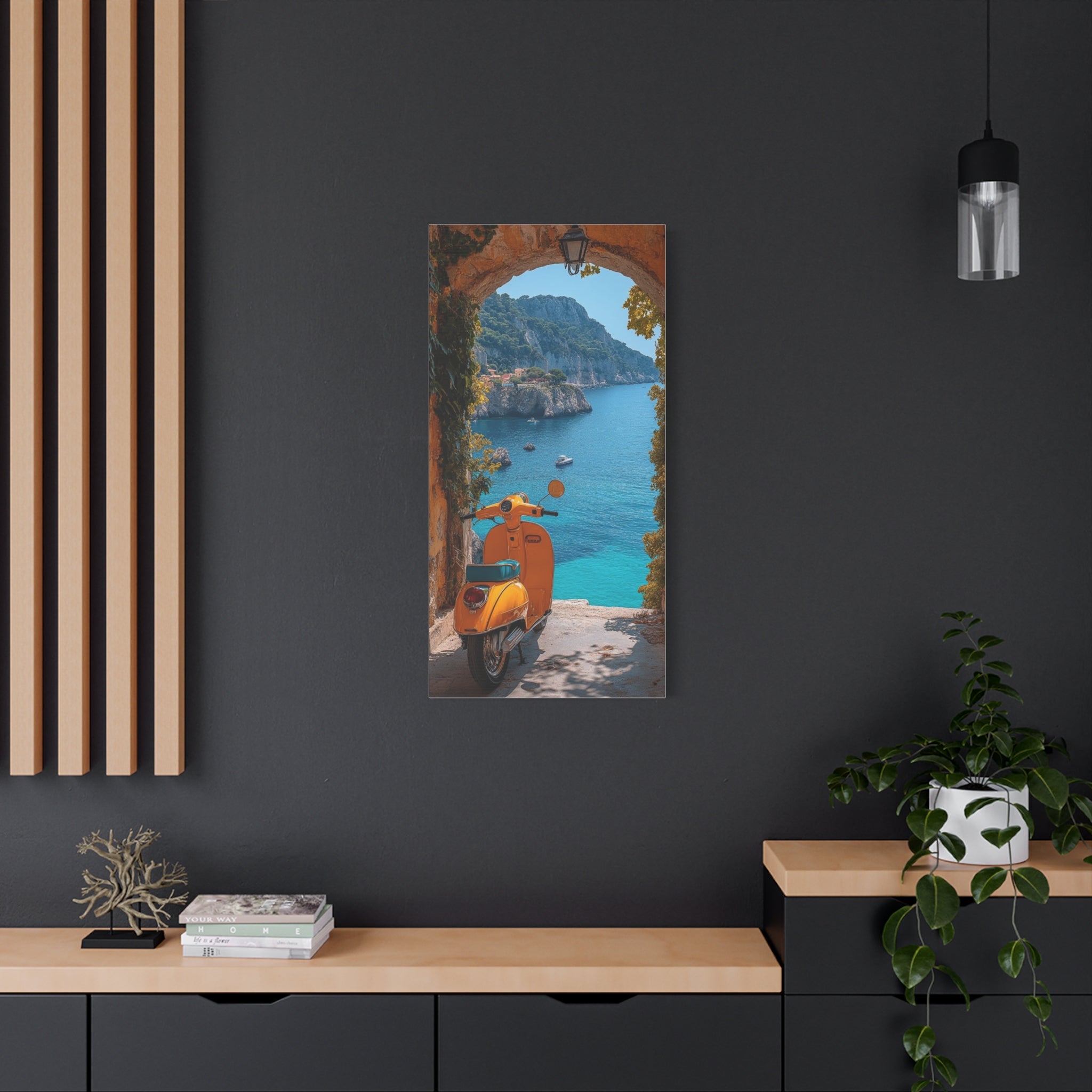 Mediterranean Scooter Canvas Print – Sunny Coastal Archway Wall Art