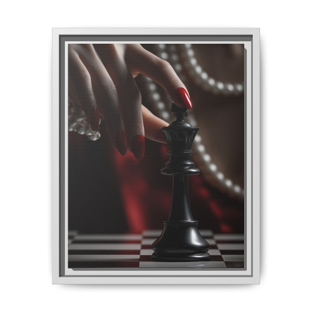 Framed Matte Canvas Art — Femme Hand & Chess King (Pearls, Noir Glam)