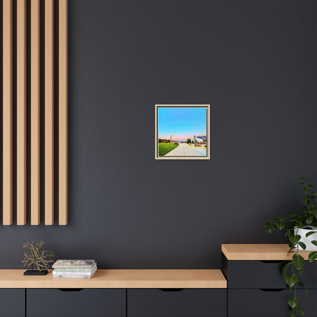 Sunset Promenade Matte Framed Canvas — Pastel Sky Walkway Wall Art