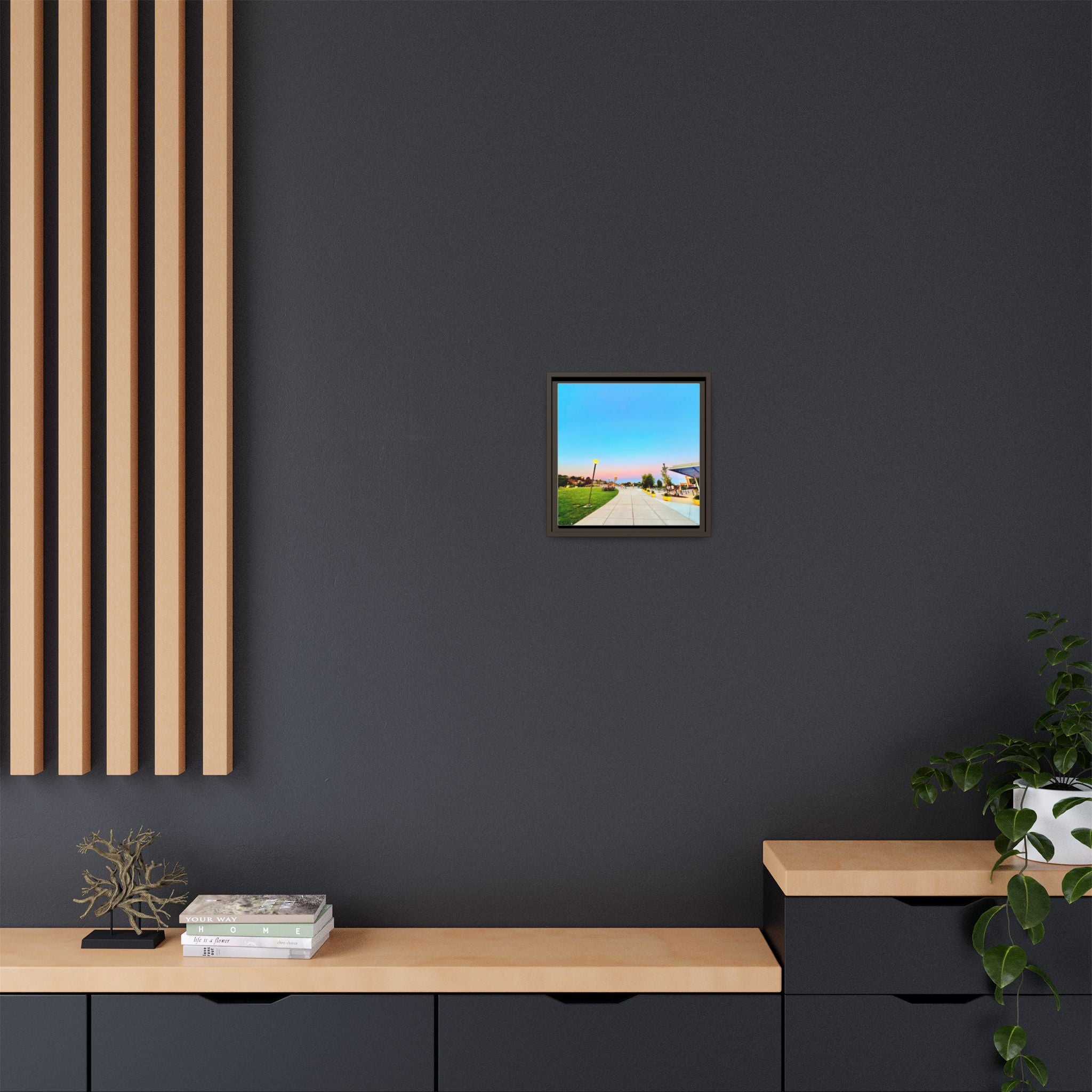 Sunset Promenade Matte Framed Canvas — Pastel Sky Walkway Wall Art