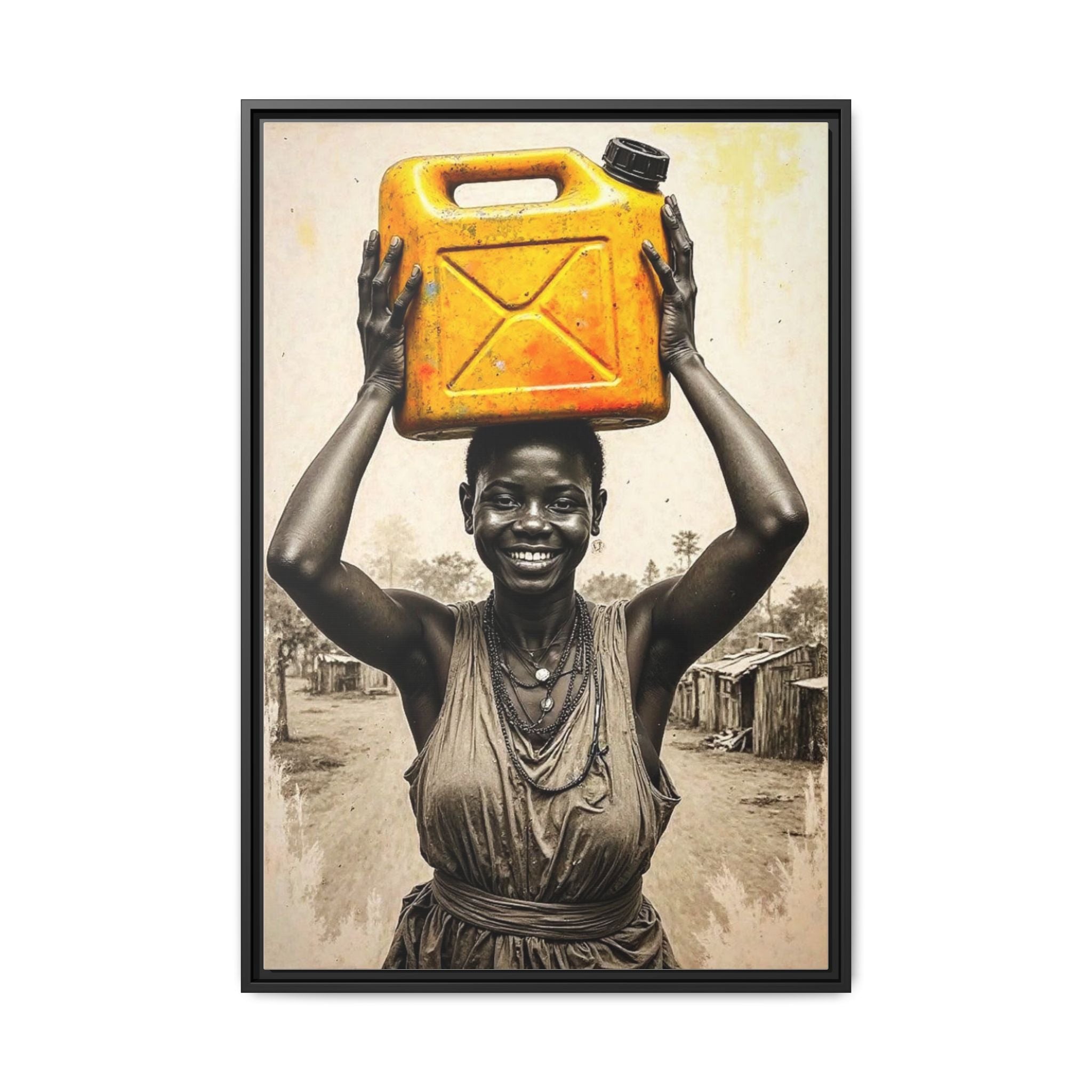 Framed Canvas Art - Joyful Woman Carrying Yellow Water Jerrycan