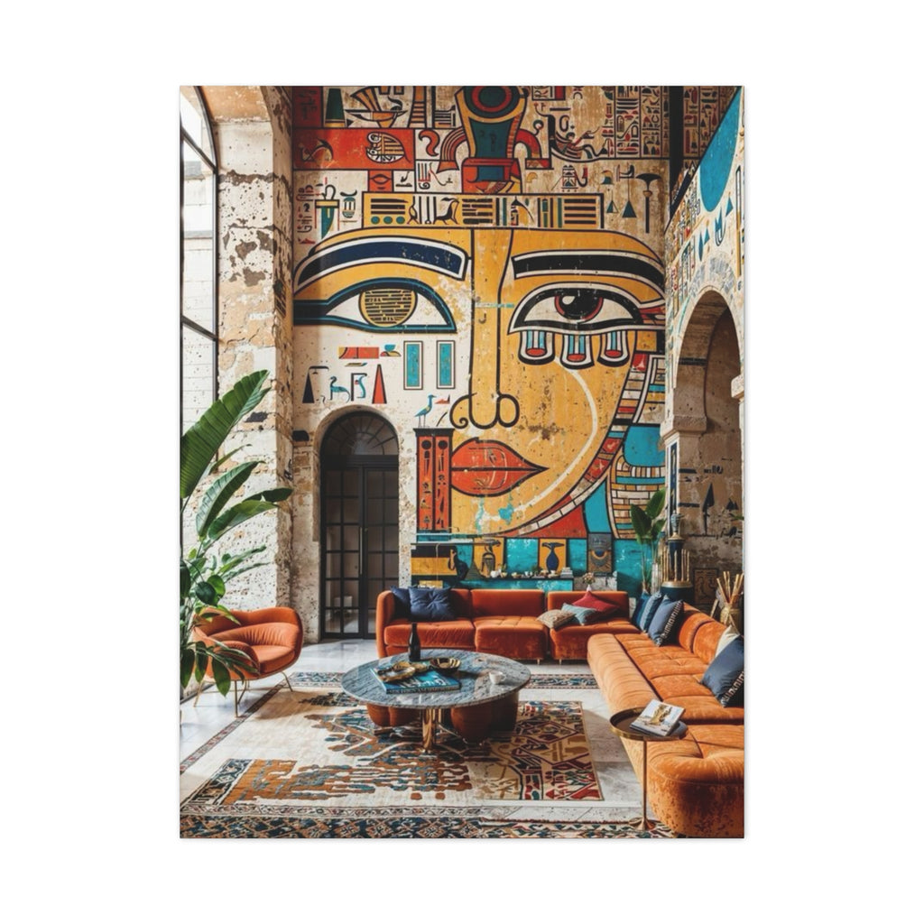 Egyptian Mural Face Matte Canvas Wall Art – Bohemian Living Room Decor