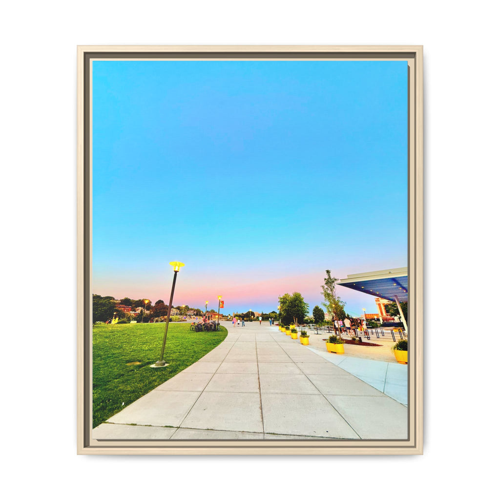 Sunset Promenade Matte Framed Canvas — Pastel Sky Walkway Wall Art