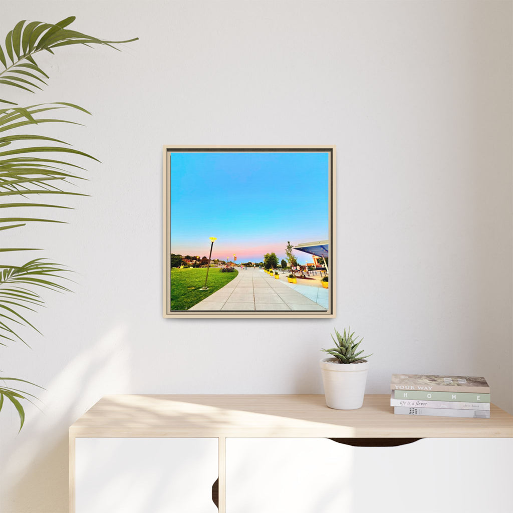 Sunset Promenade Matte Framed Canvas — Pastel Sky Walkway Wall Art