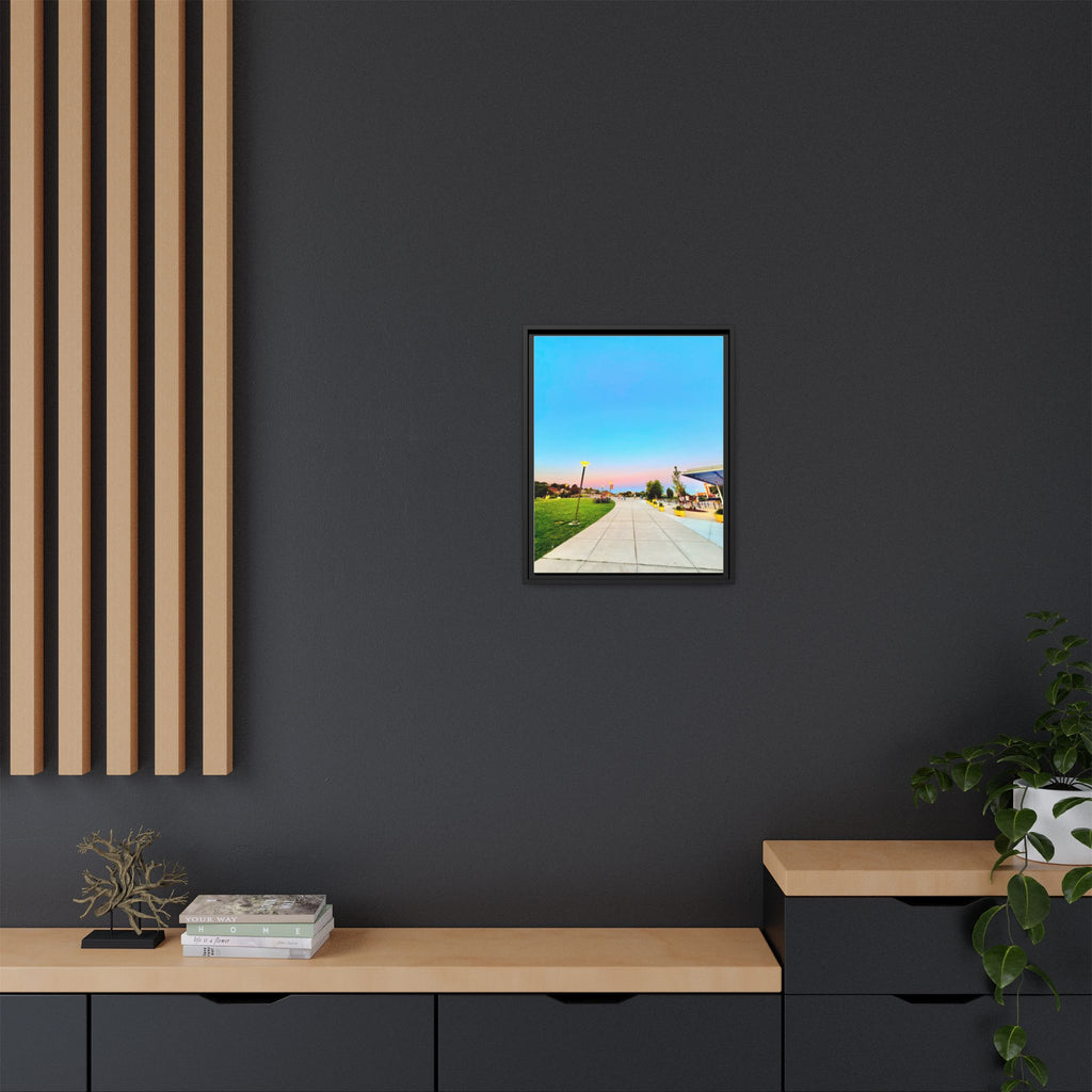 Sunset Promenade Matte Framed Canvas — Pastel Sky Walkway Wall Art