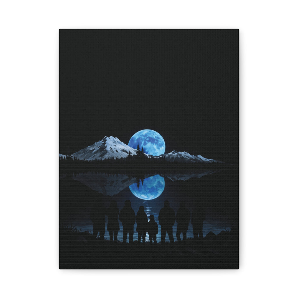 Blue Moon Mountain Canvas Print — Family Silhouette Nightscape Wall Art