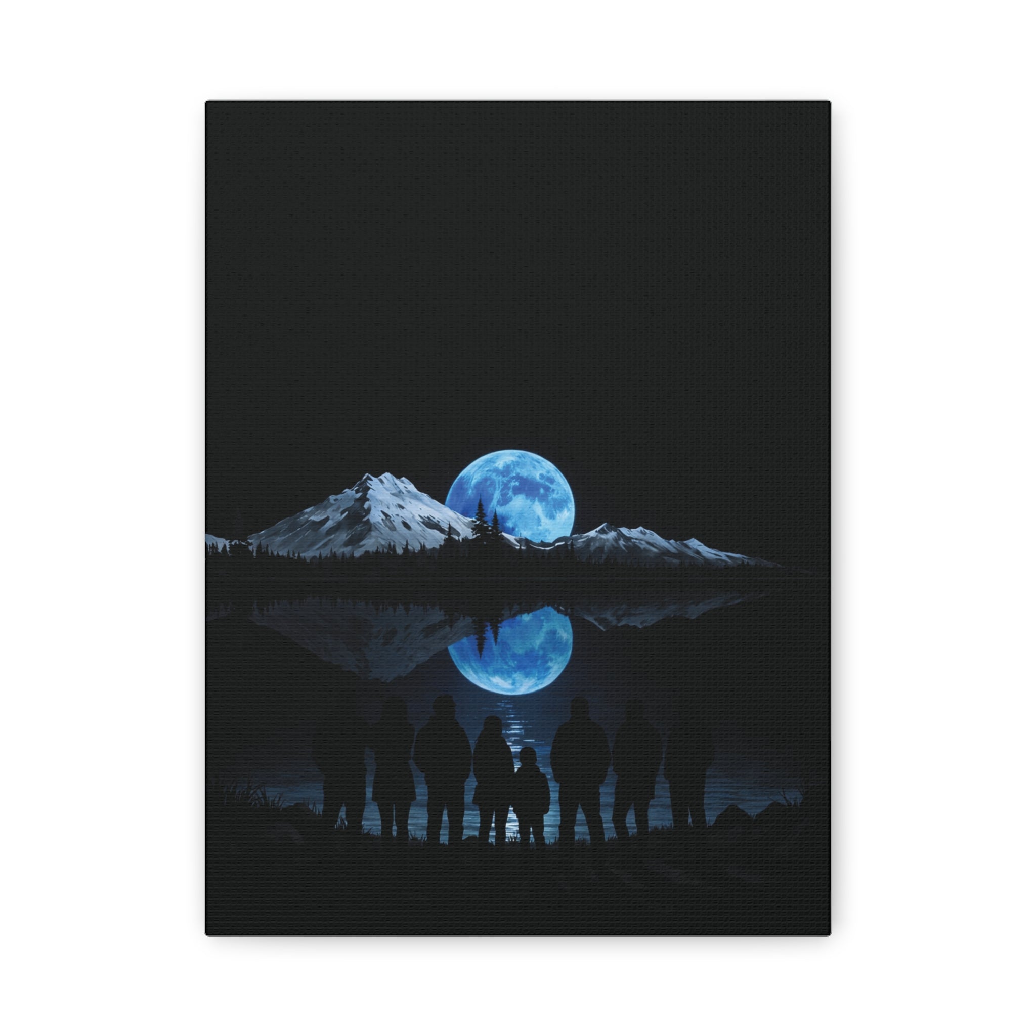 Blue Moon Mountain Canvas Print — Family Silhouette Nightscape Wall Art