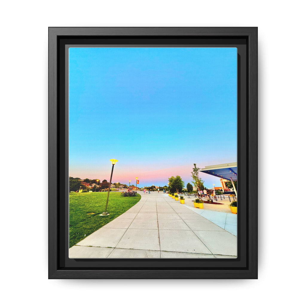Sunset Promenade Matte Framed Canvas — Pastel Sky Walkway Wall Art