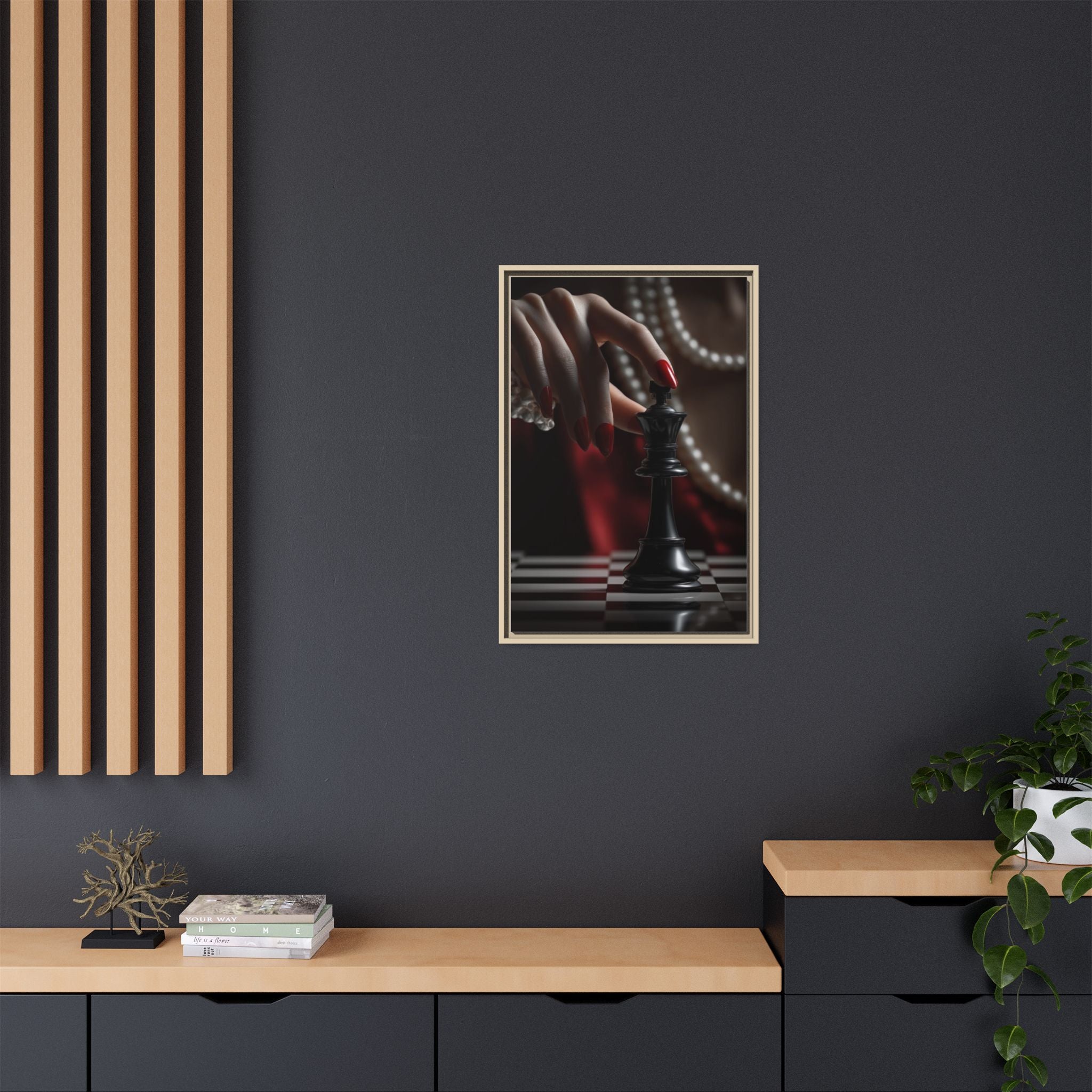 Framed Matte Canvas Art — Femme Hand & Chess King (Pearls, Noir Glam)