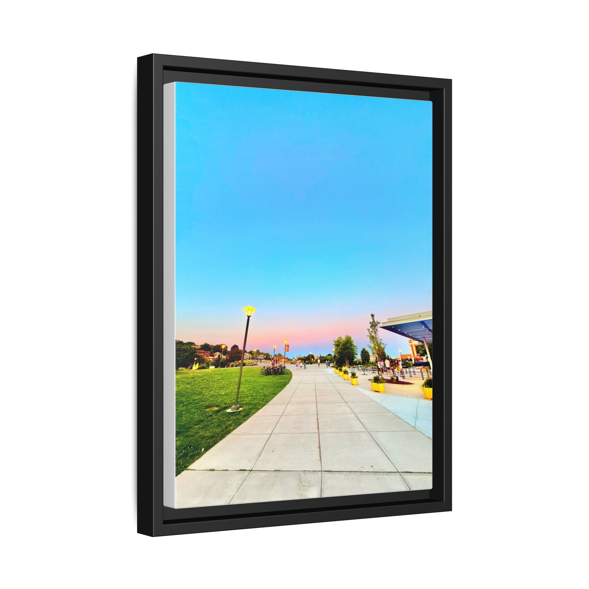 Sunset Promenade Matte Framed Canvas — Pastel Sky Walkway Wall Art