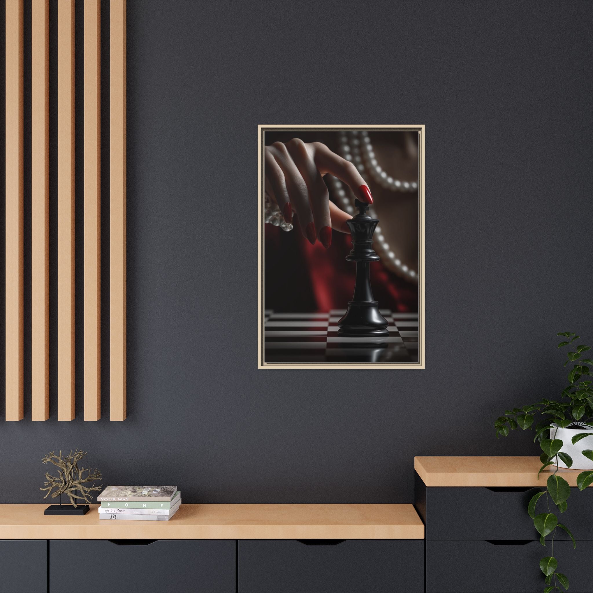 Framed Matte Canvas Art — Femme Hand & Chess King (Pearls, Noir Glam)