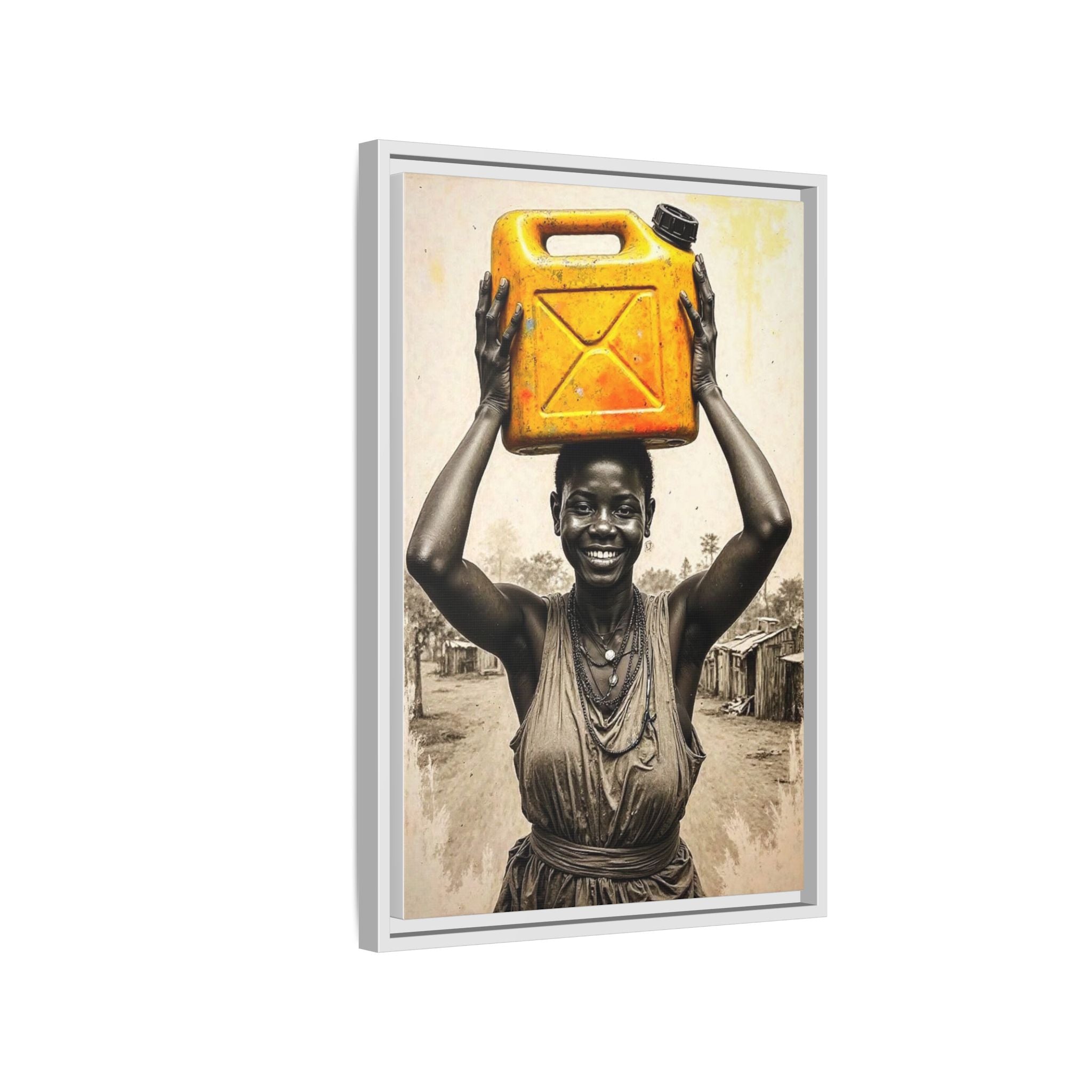 Framed Canvas Art - Joyful Woman Carrying Yellow Water Jerrycan