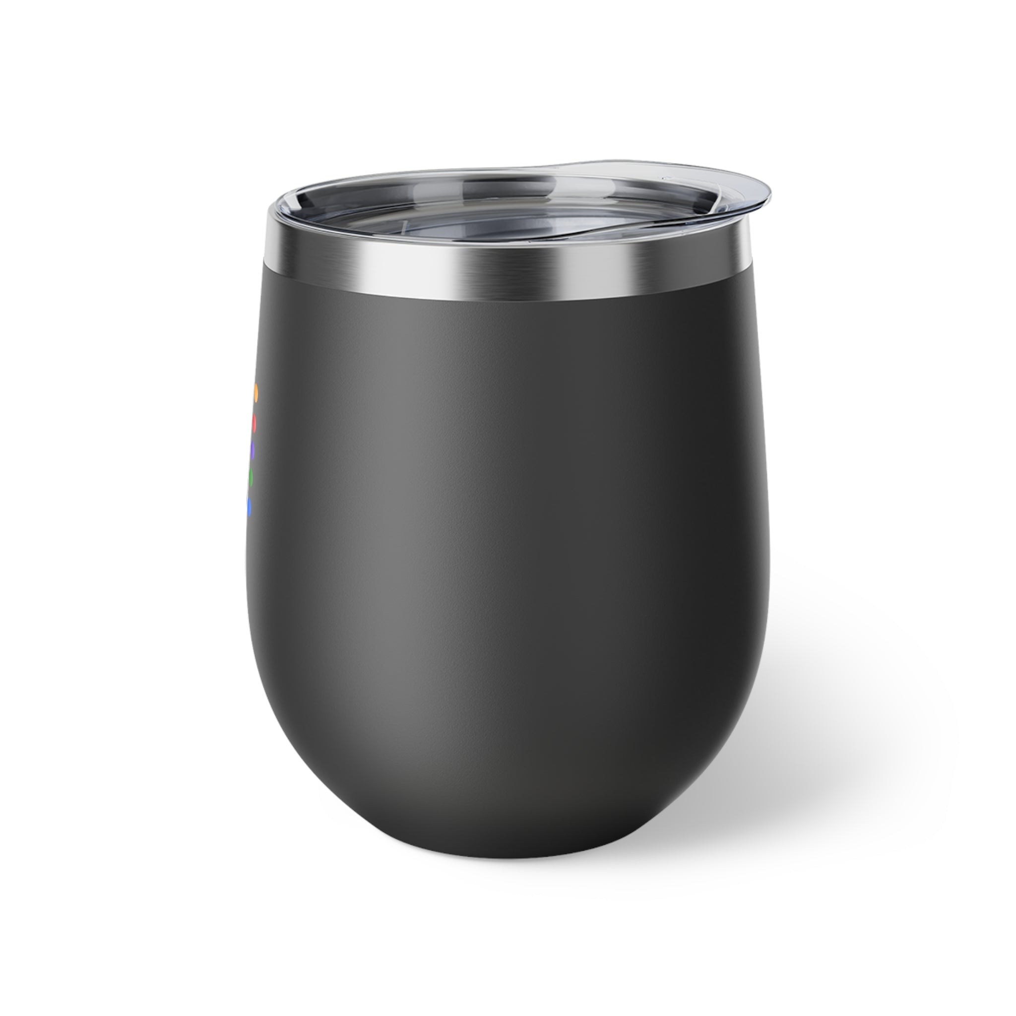 Insulated Wine Tumbler — Matte Black Copper Vacuum 12oz with Rainbow Dot Logo