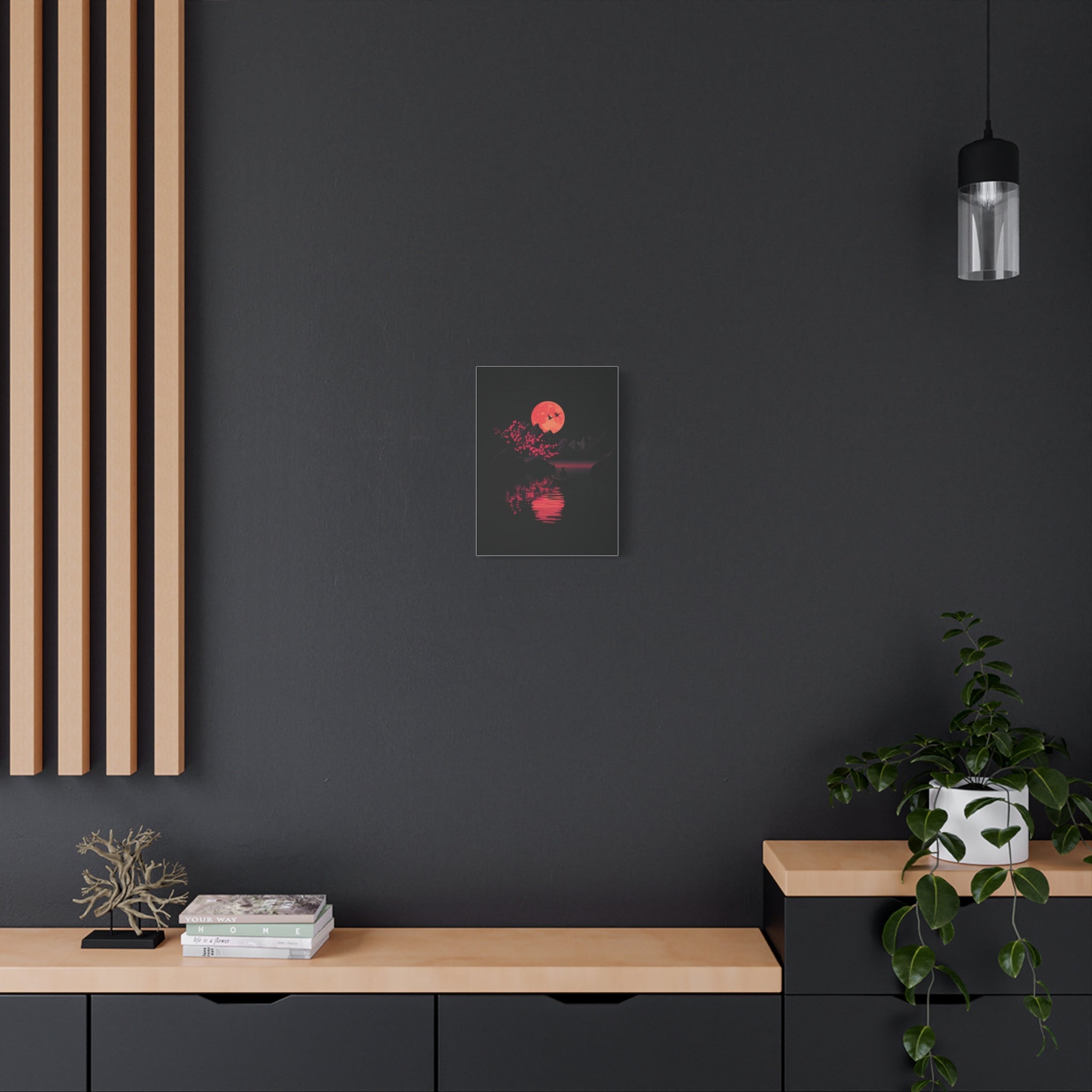 Moonlit Sakura Canvas Wall Art — Red Moon Reflection Matte Stretched Print