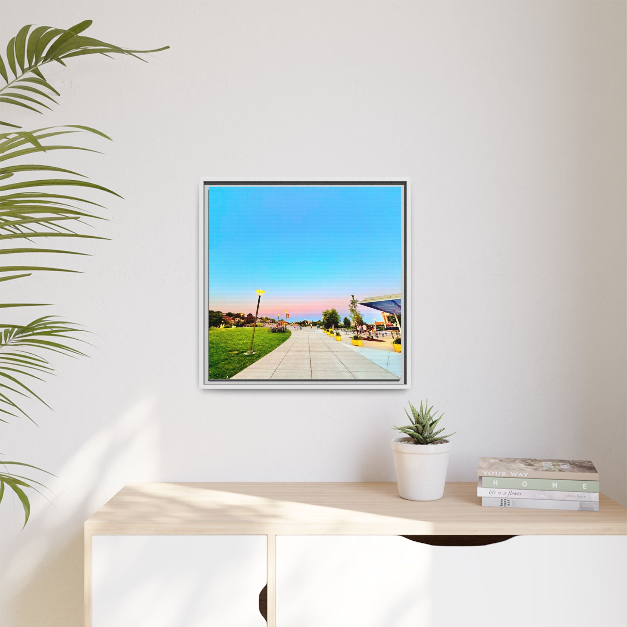 Sunset Promenade Matte Framed Canvas — Pastel Sky Walkway Wall Art