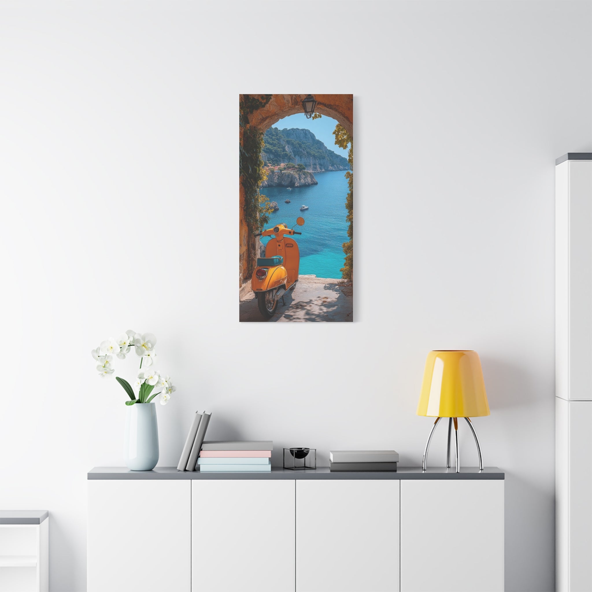 Mediterranean Scooter Canvas Print – Sunny Coastal Archway Wall Art