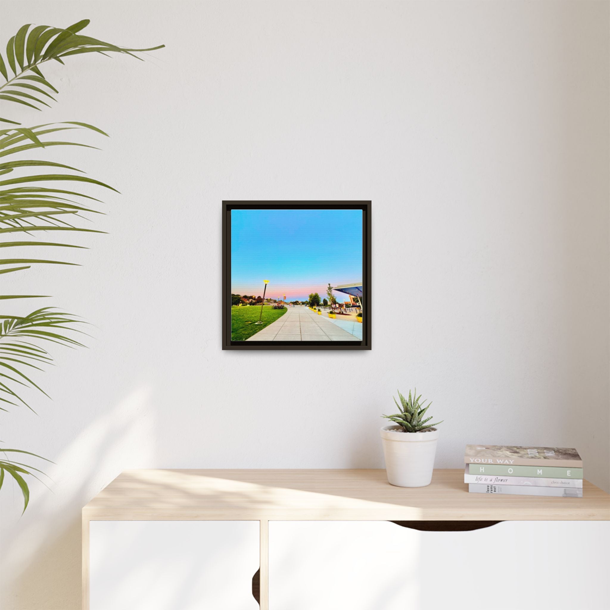 Sunset Promenade Matte Framed Canvas — Pastel Sky Walkway Wall Art