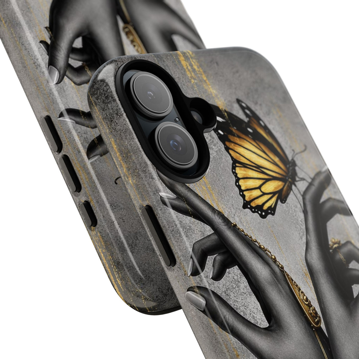 Artistic Black Hands & Golden Butterfly Phone Case – Protective Tough Case