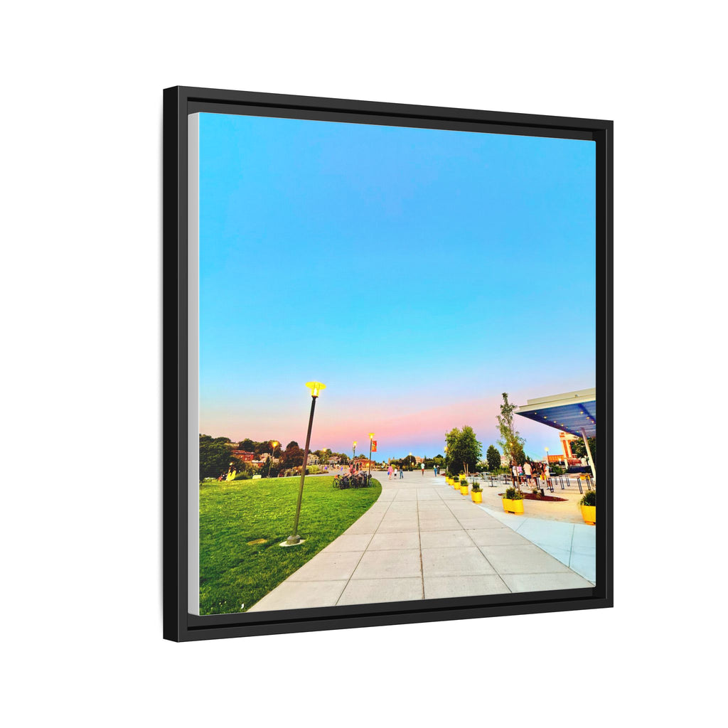 Sunset Promenade Matte Framed Canvas — Pastel Sky Walkway Wall Art
