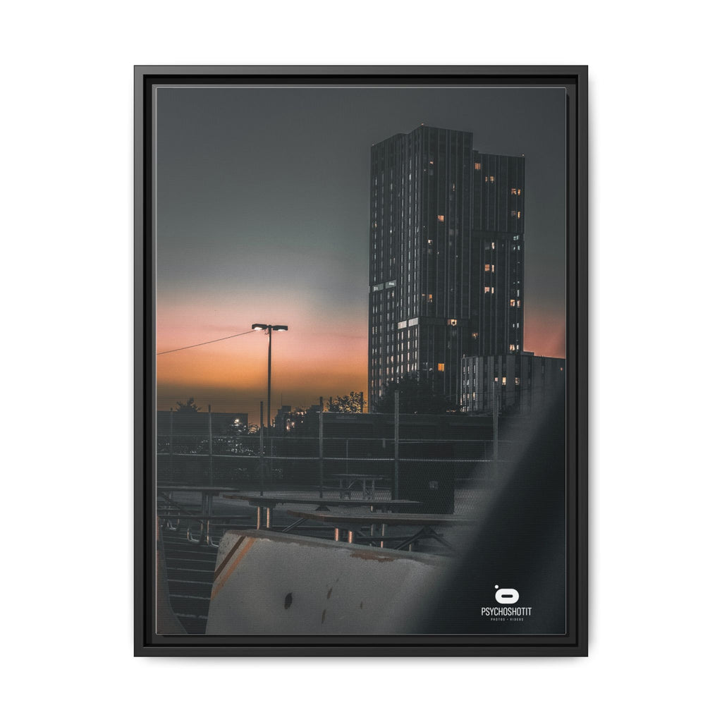 Framed Matte Canvas Print — Urban Sunset High-Rise Photography