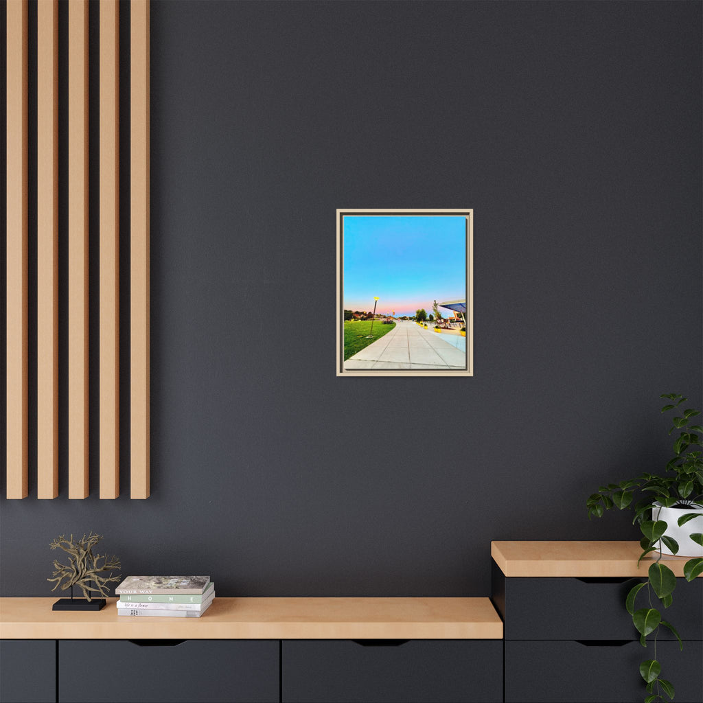 Sunset Promenade Matte Framed Canvas — Pastel Sky Walkway Wall Art
