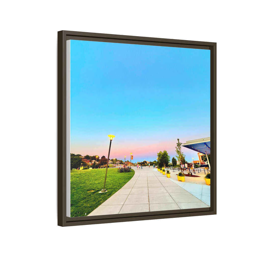 Sunset Promenade Matte Framed Canvas — Pastel Sky Walkway Wall Art