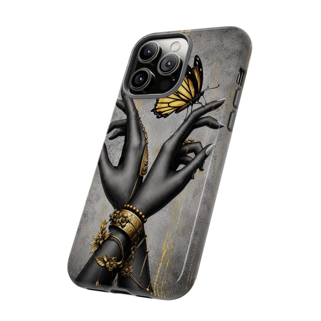 Artistic Black Hands & Golden Butterfly Phone Case – Protective Tough Case