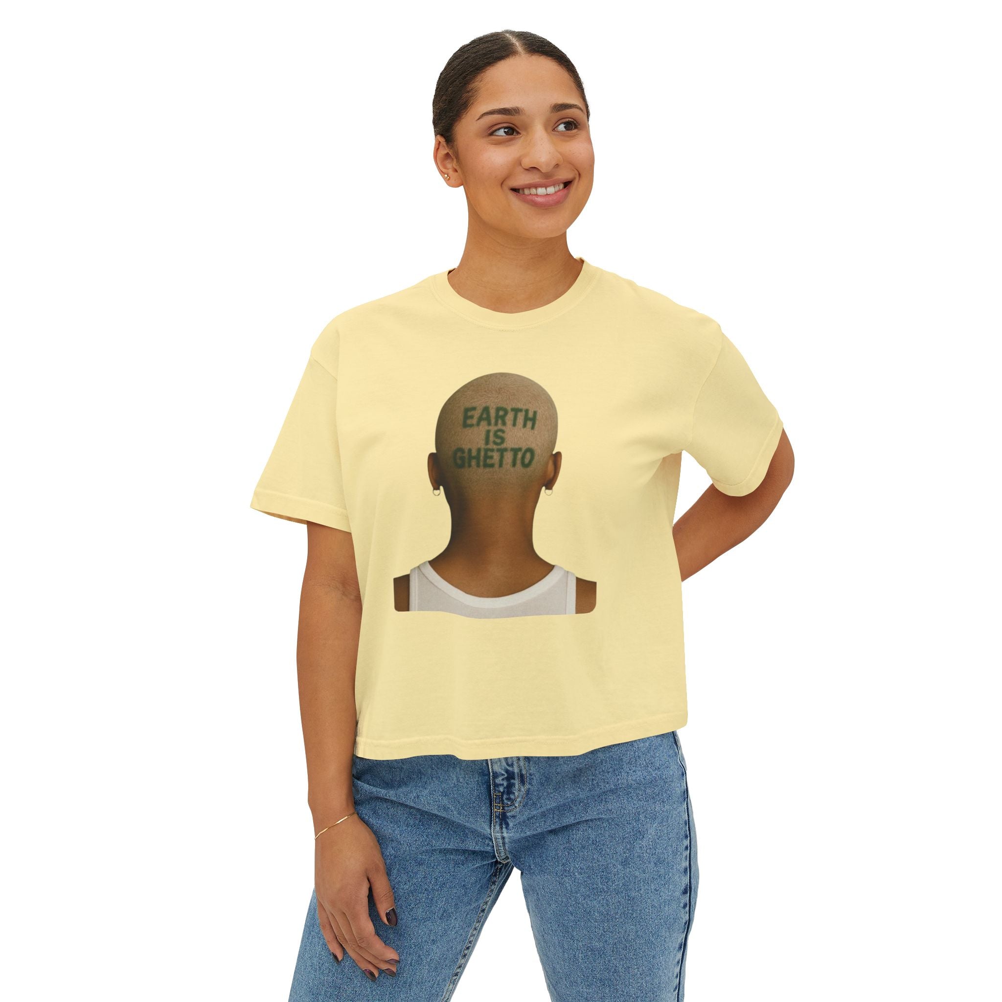 Earth Is Ghetto Women's Boxy Tee, Casual Graphic Tee, Streetwear Top, Trendy T-Shirt, Unique Gift Idea, Comfortable Everyday Wear