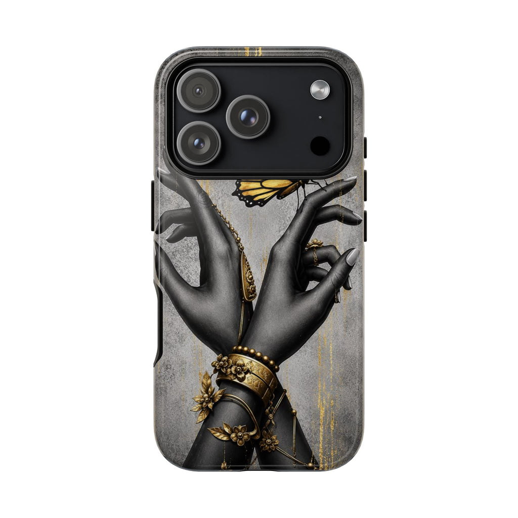Artistic Black Hands & Golden Butterfly Phone Case – Protective Tough Case