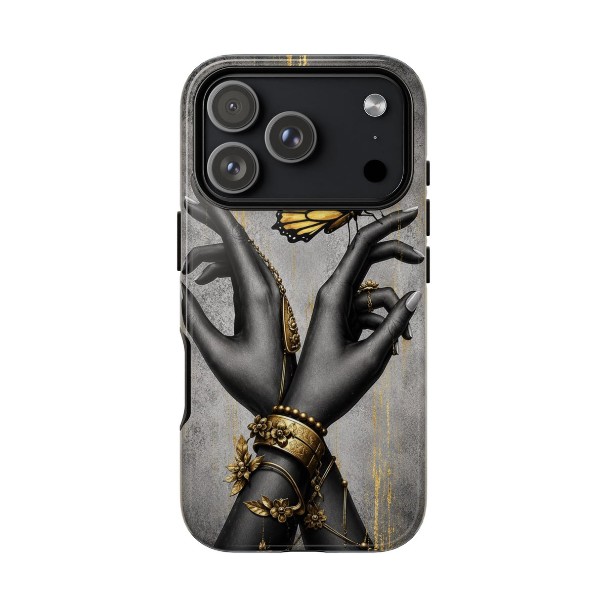 Artistic Black Hands & Golden Butterfly Phone Case – Protective Tough Case