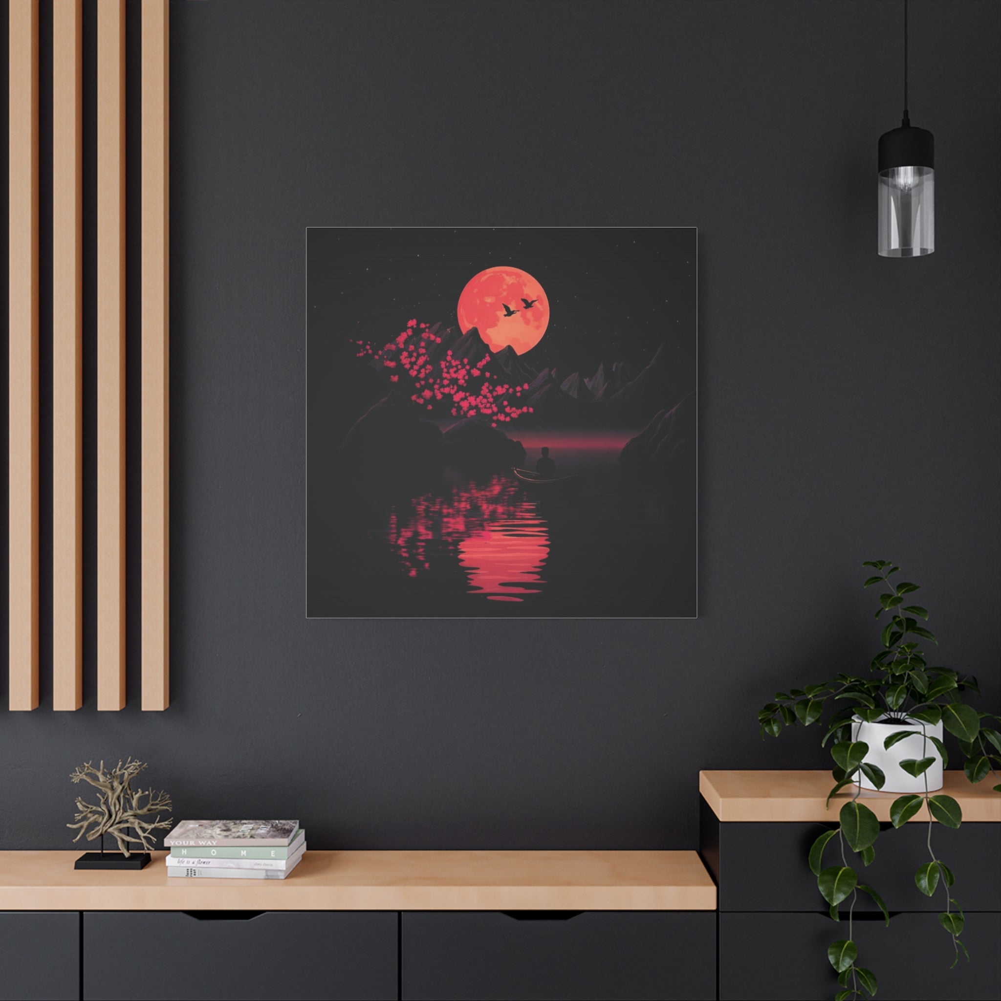 Moonlit Sakura Canvas Wall Art — Red Moon Reflection Matte Stretched Print