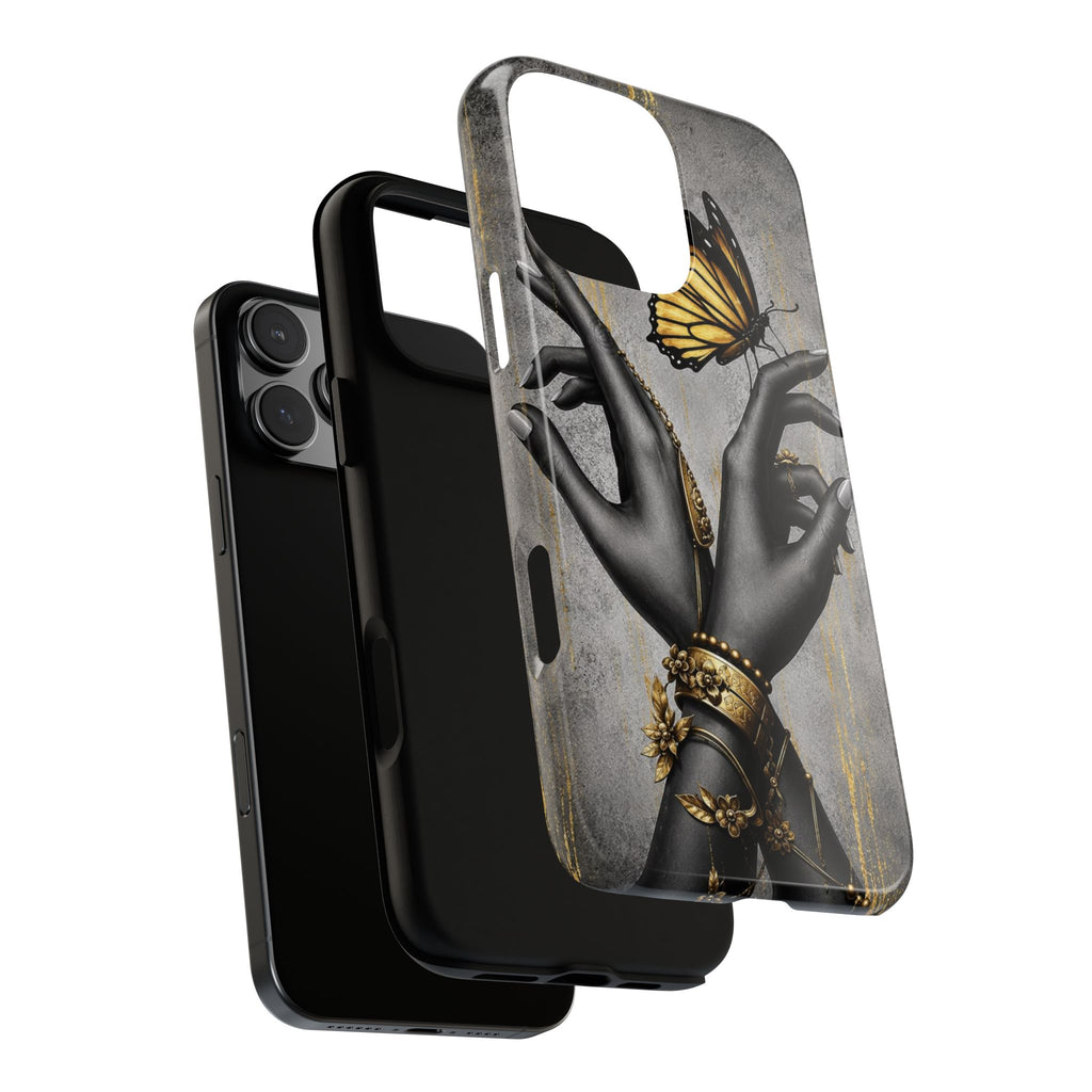 Artistic Black Hands & Golden Butterfly Phone Case – Protective Tough Case