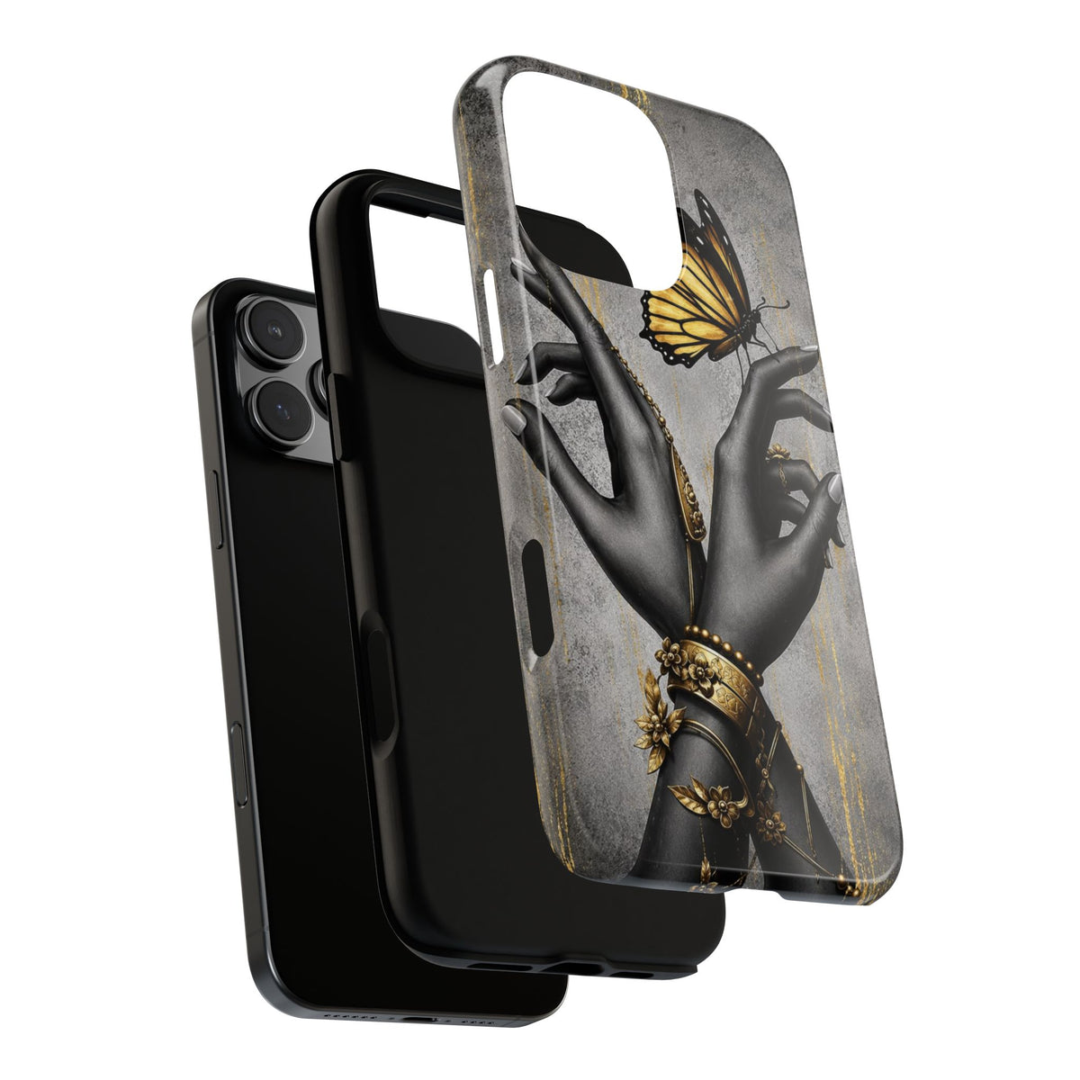 Artistic Black Hands & Golden Butterfly Phone Case – Protective Tough Case