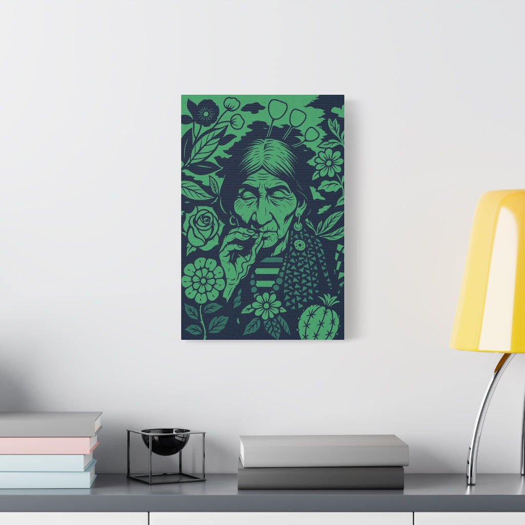 Vintage Smoking Woman Art Canvas — Green Floral Stretched Wall Art