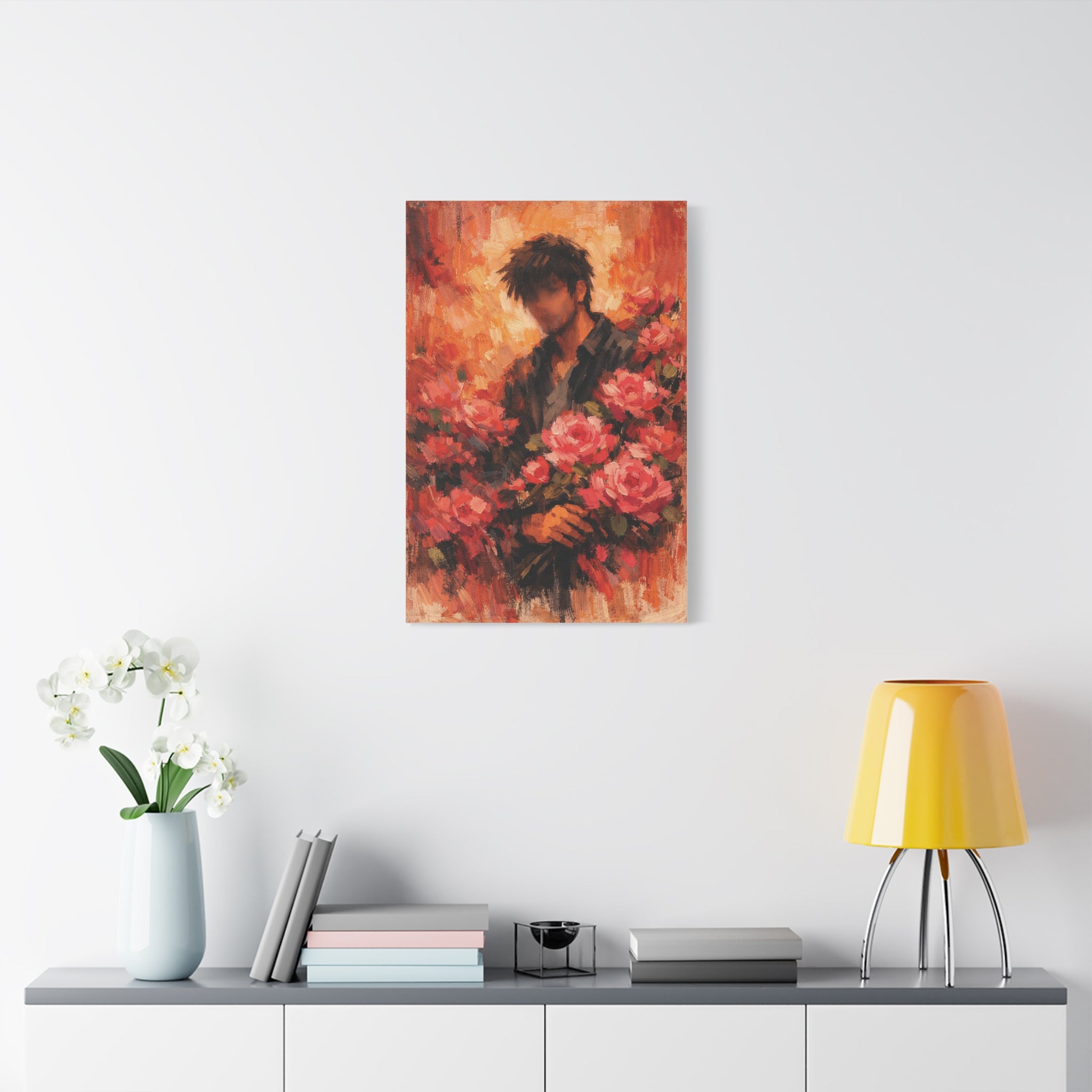 Man with Roses Painting Matte Canvas | Stretched Wall Art