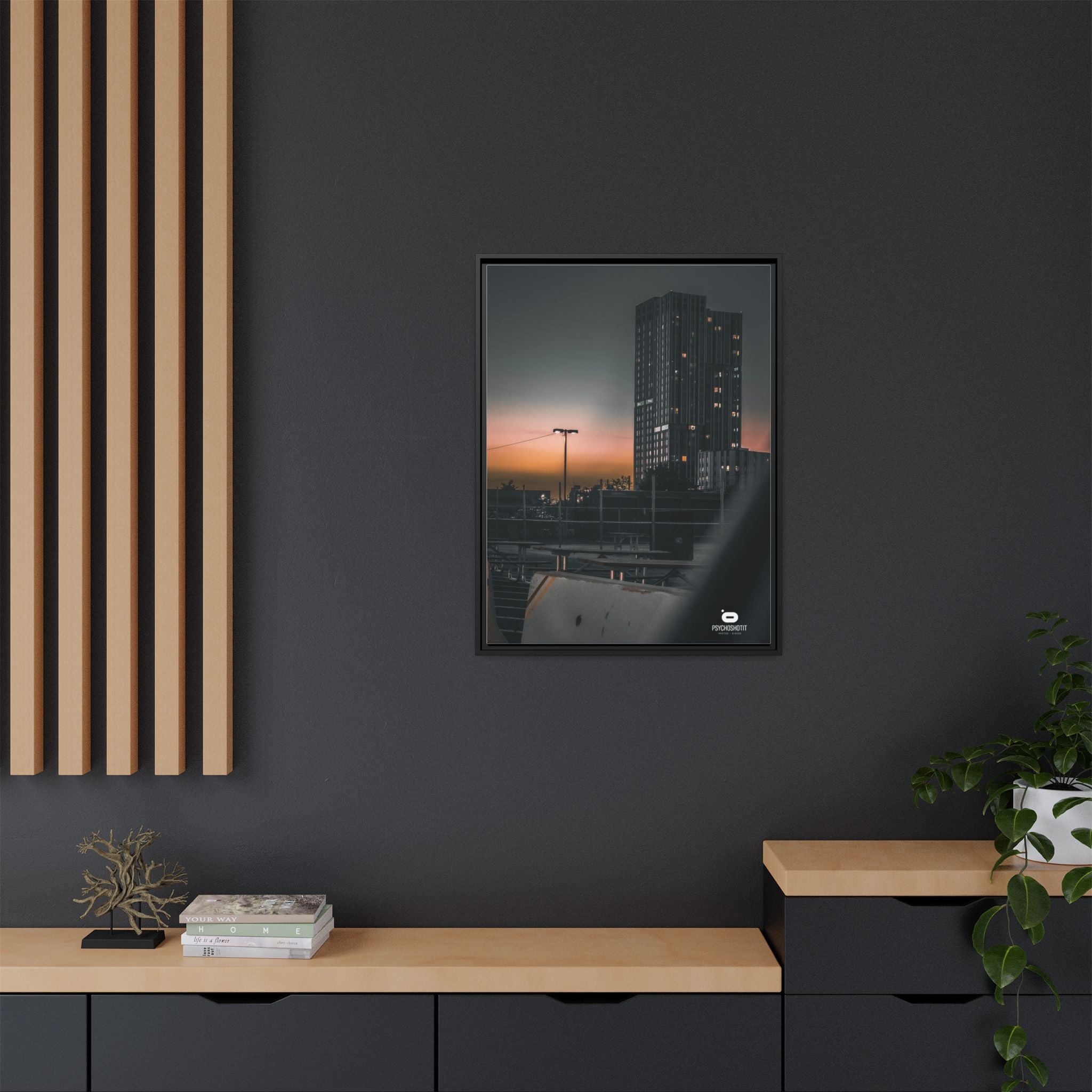 Framed Matte Canvas Print — Urban Sunset High-Rise Photography